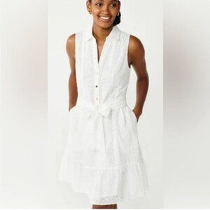Draper James 100% Cotton Sleeveless Shirt Dress Eyelet ruffle hem button front X